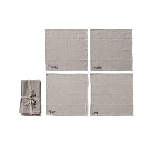 Napkins with Embroidered Word, Natural & Black, Set of 4 Tied with Tape