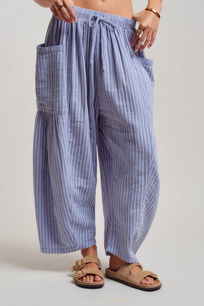 Striped Cotton Drawstring Harem Pants