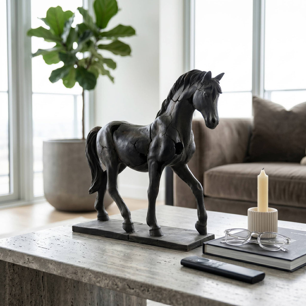 Sculpture - Brown Resin Cracked Horse On Stand,  16 in.