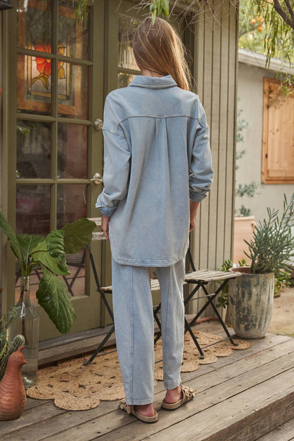 Oversized Acid Wash Cotton  Button Down Shirt