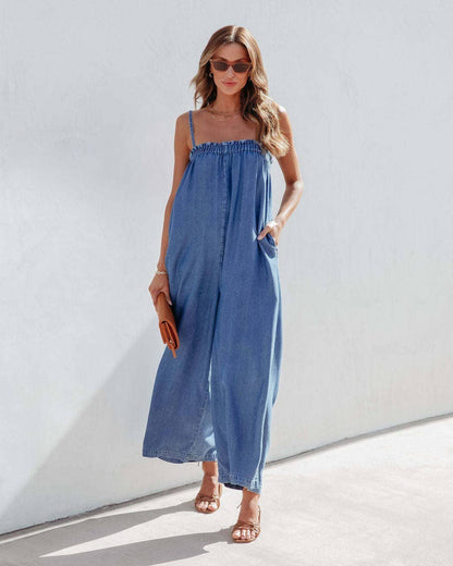 V-Neck Short Sleeve Loose Denim Set