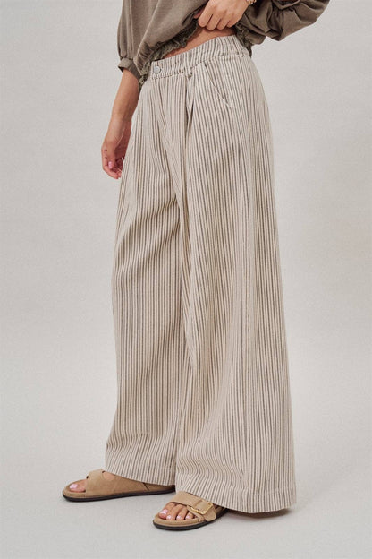 Pleated Pinstripe Wide Leg Cotton Trousers