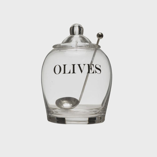 4" Round x 5-1/2"H Glass Jar w/ Stainless Steel Slotted Spoon "Olives", Set of 2