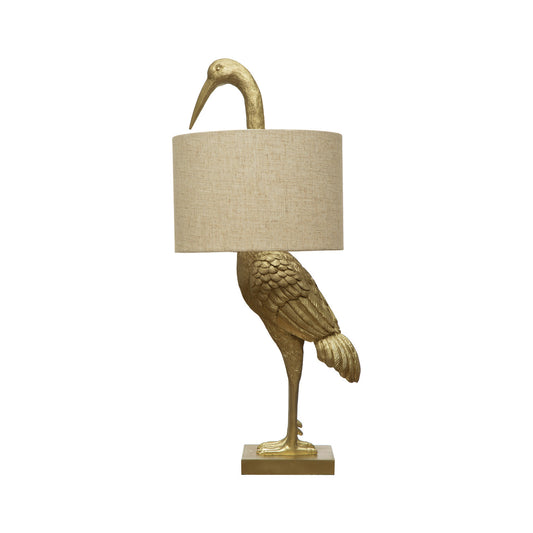 Resin Bird Table Lamp with White Linen Shade and Inline Switch, Gold Finish