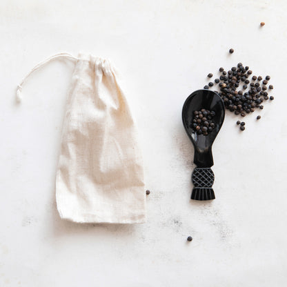 Hand-Carved Horn Spoon in Printed Drawstring Bag