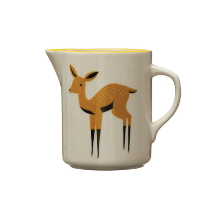 12 oz. Stoneware Creamer w/ Deer & Yellow Rim, Multi Color ©