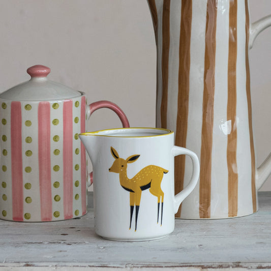 12 oz. Stoneware Creamer w/ Deer & Yellow Rim