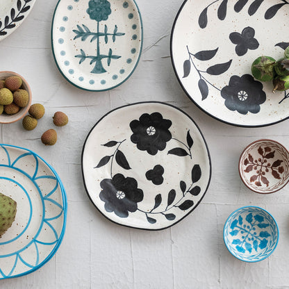 Hand-Painted Stoneware Plate w/ Floral Design, Matte Black & Cream Color Speckled