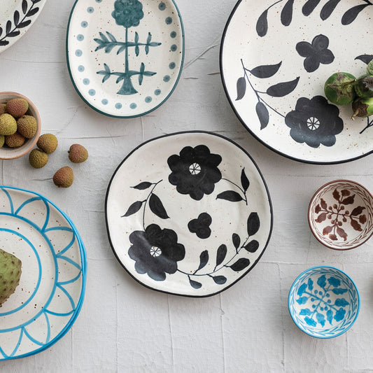 Hand-Painted Stoneware Plate w/ Floral Design, Matte Black & Cream Color Speckled