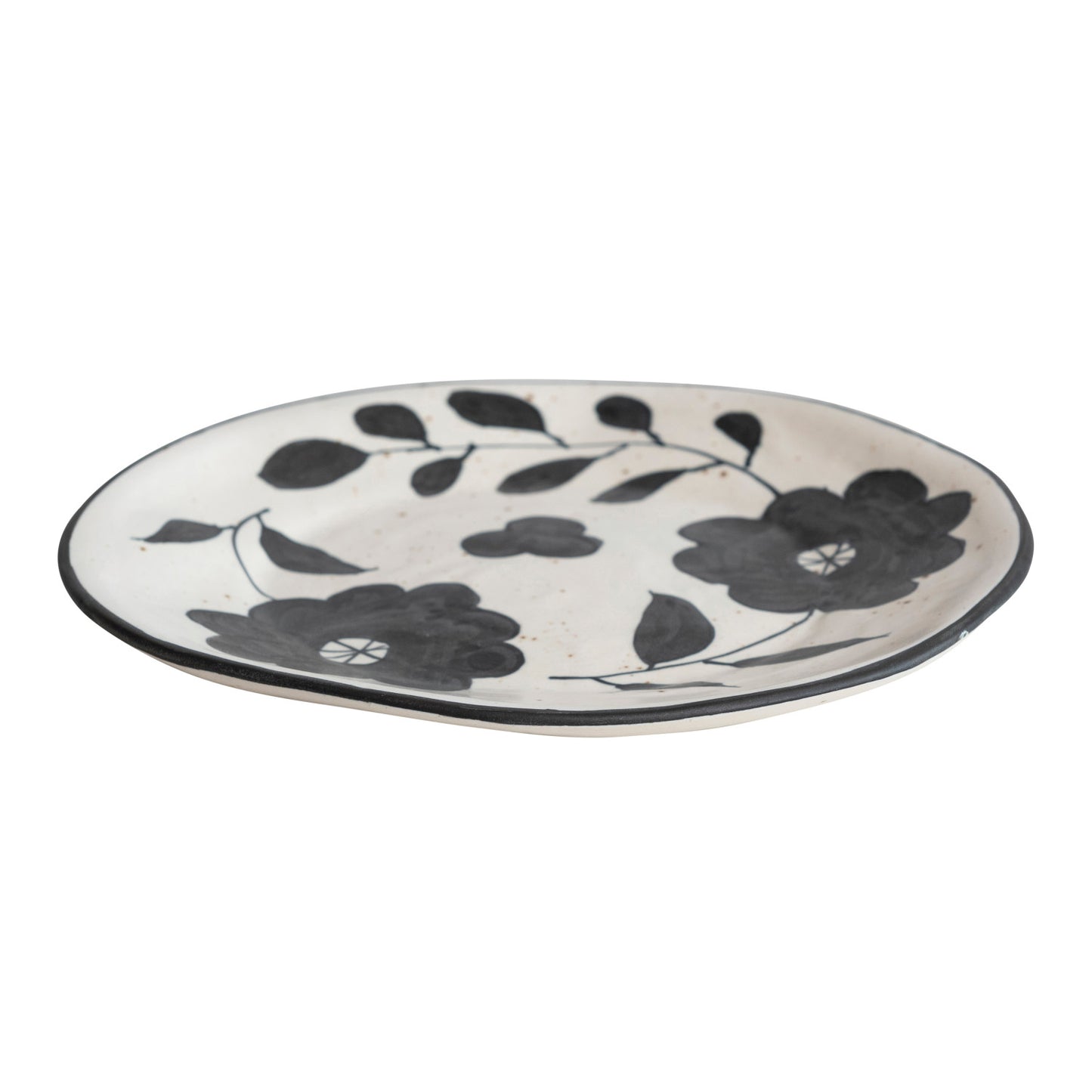 Hand-Painted Stoneware Plate w/ Floral Design, Matte Black & Cream Color Speckled