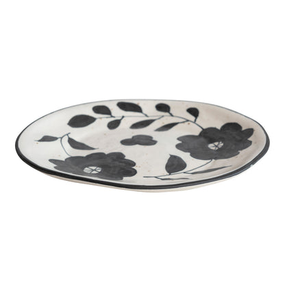 Hand-Painted Stoneware Plate w/ Floral Design, Matte Black & Cream Color Speckled