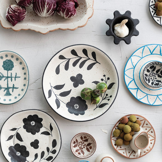 Hand-Painted Stoneware Bowl w/ Floral Design, Matte Black & Cream Color Speckled