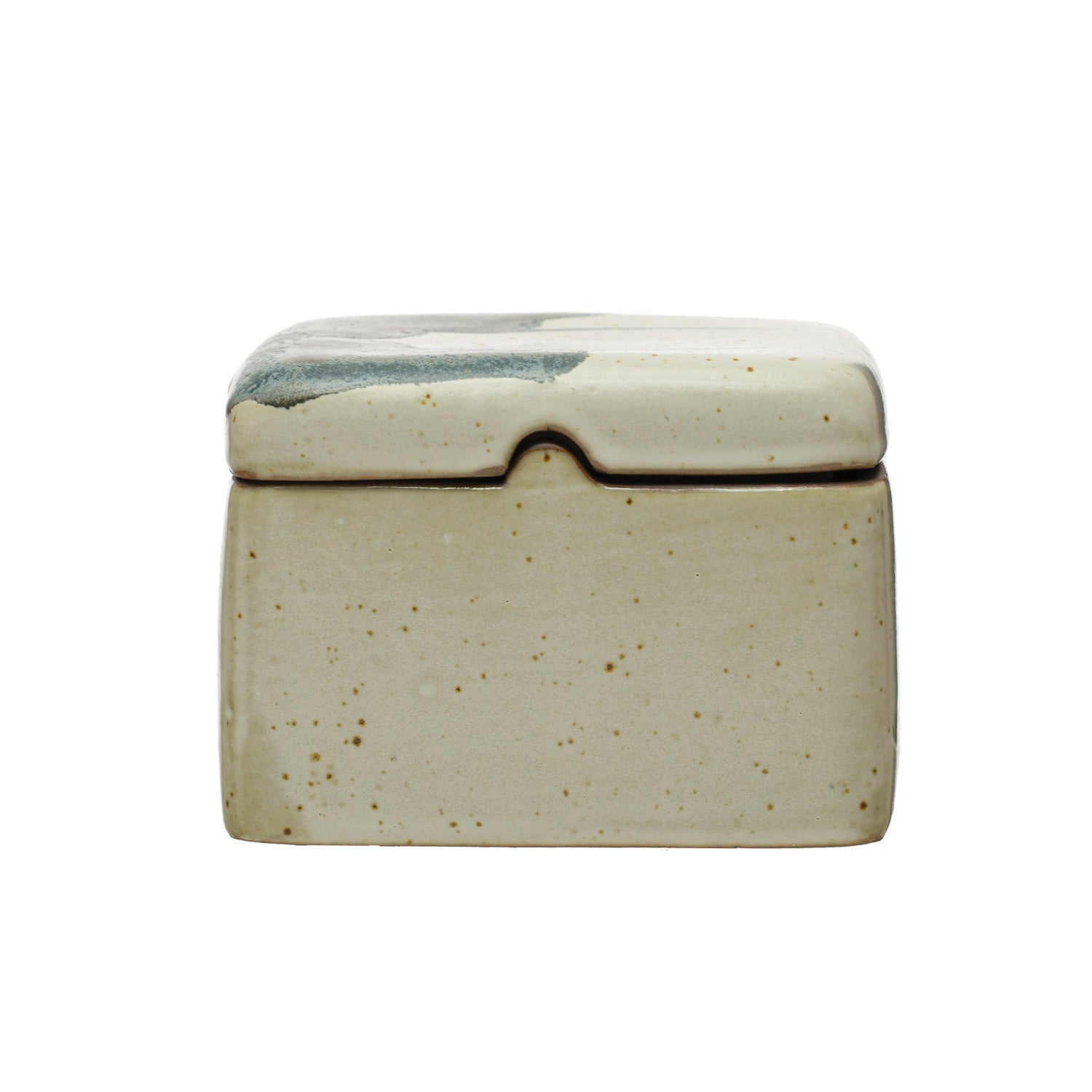 Hand-Painted Stoneware Box w/ Lid, Reactive Glaze, White & Black (Each One Will Vary)