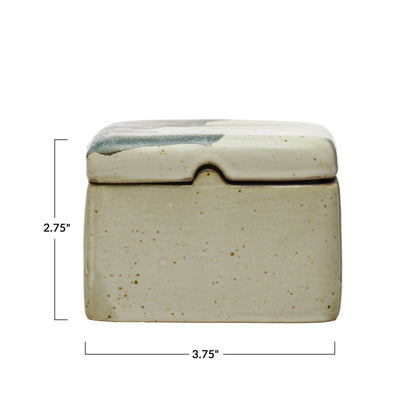 Hand-Painted Stoneware Box w/ Lid, Reactive Glaze, White & Black