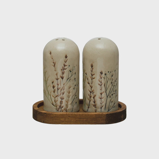 Debossed Stoneware Floral Salt & Pepper Shakers w/ Wood Tray, Set of 3