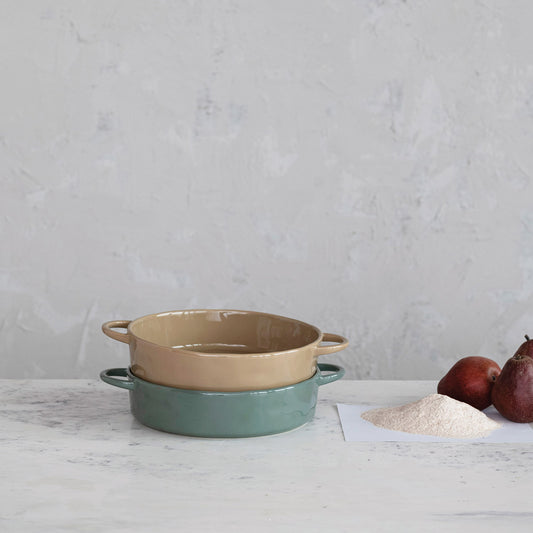 13"L Stoneware Server Bowl w Handle, 2 Colors