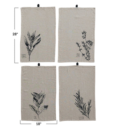 28"Lx18"W Linen Blend Printed Tea Towel w Saying, 4 Styles