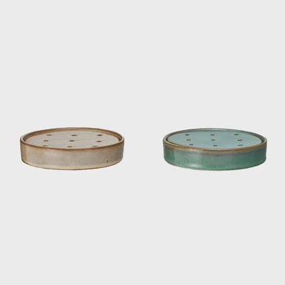 5" Rnd Stoneware Soap Dish w Removable Tray, 2 Colors