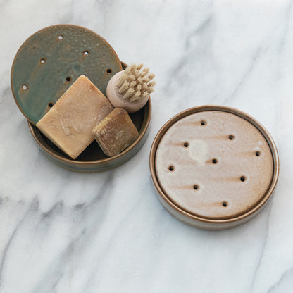 5" Rnd Stoneware Soap Dish w Removable Tray, 2 Colors
