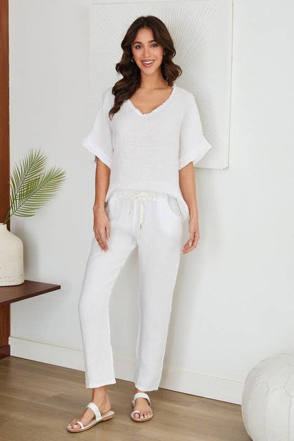 V- NECK SHORT SLEEVE LINEN TOP WITH RAW EDGE HEM