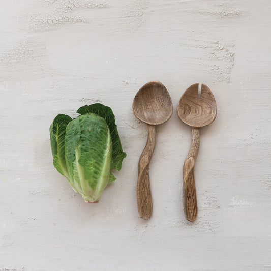 Carved Mango Wood Salad Servers, Set of 2