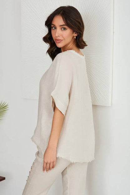 V- NECK SHORT SLEEVE LINEN TOP WITH RAW EDGE HEM