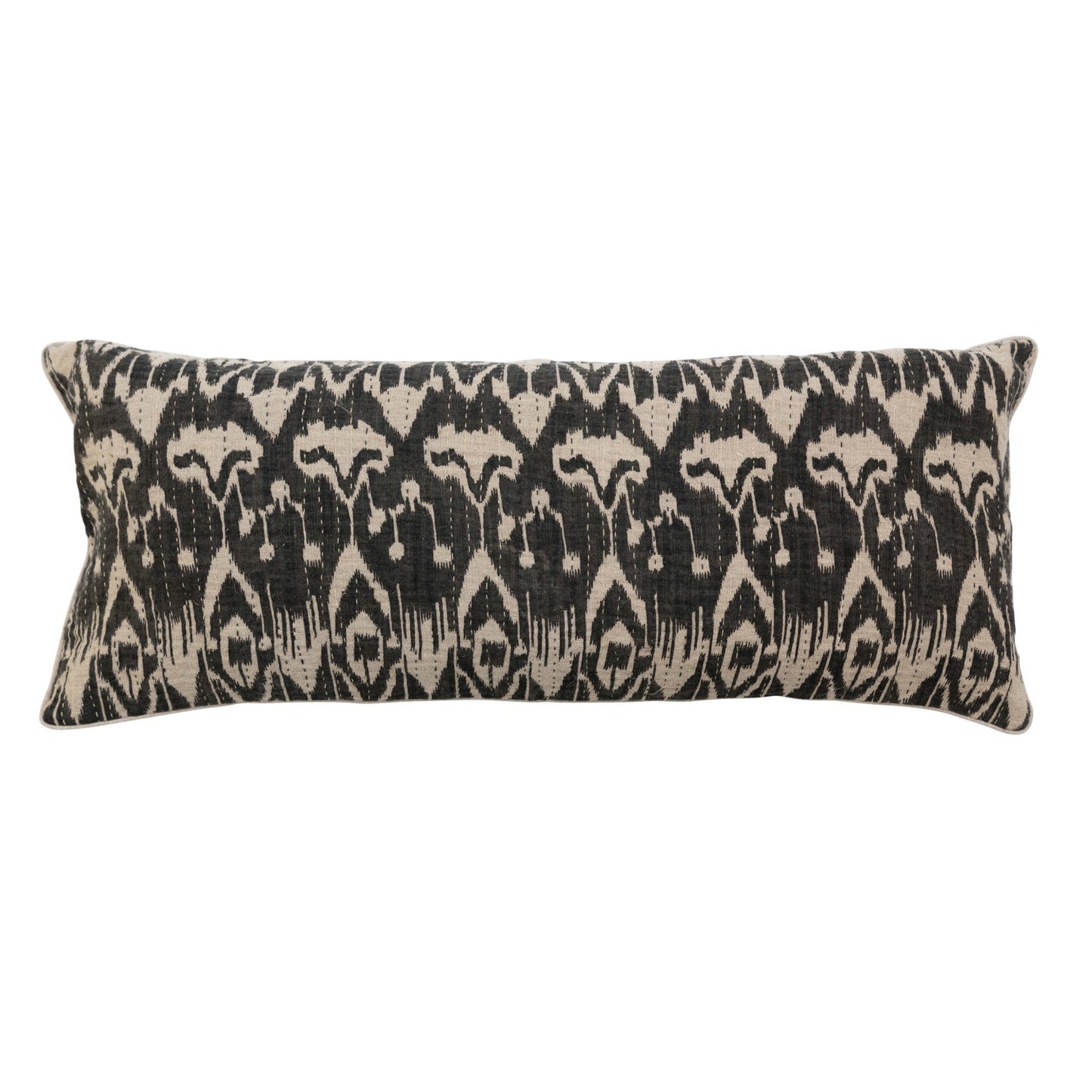 36"L x 14"H Linen Lumbar Pillow w/ Ikat Print, Embroidery, Piping & Chambray Back