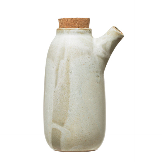 Stoneware Bottle with Cork Lid, Reactive Glaze