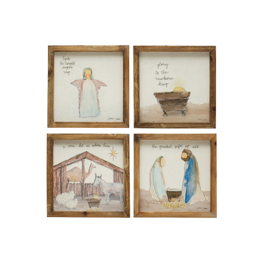 8-1/4" Square Fir Wood Framed Wall Décor w/ Christmas Saying & Scene, Multi Color