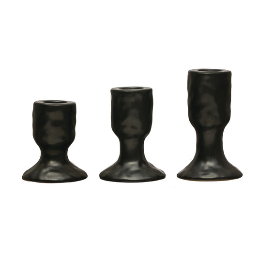 Stoneware Taper Holders, Reactive Glaze, Matte Black, Set of 3