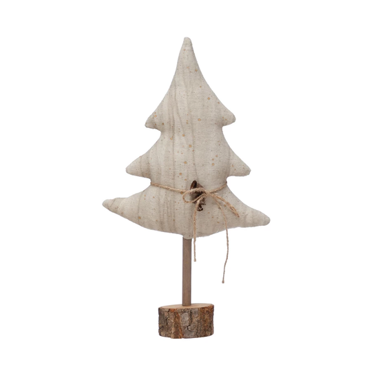 Antiqued Canvas Tree with Wood Base, Jute Tie and Bells