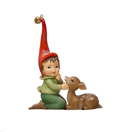 4-1/4"L x 1-1/2"W x 5-3/4"H Resin Elf w/ Fawn & Jingle Bell, Multi Color