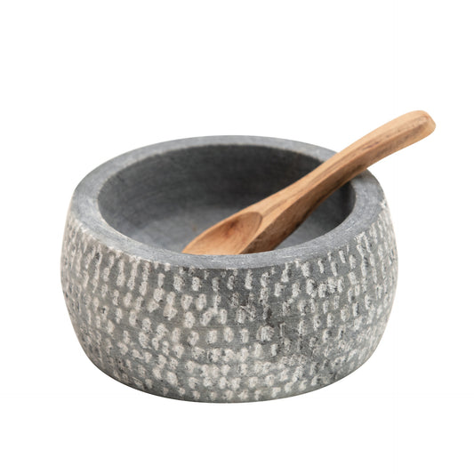 S/2 4" Round Granite Salt Bowl with Carved Wood Spoon