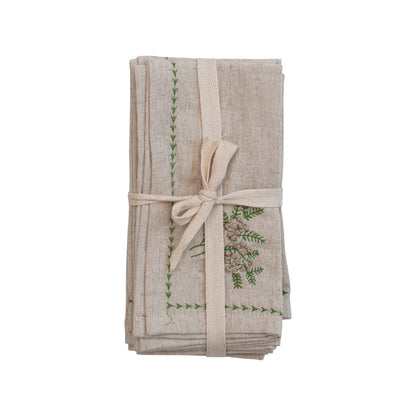 18" Square Cotton & Linen Napkin w/ Botanical, Embroidery & French Knots