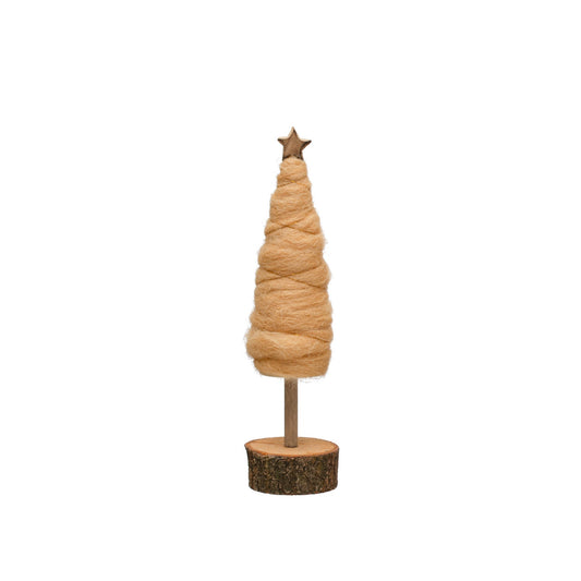 2" Round x 9-3/4"H Wool Tree w/ Star & Wood Slice Base, Camel Color