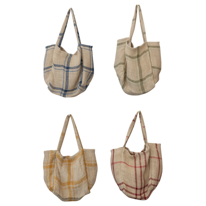 Jute Tote Bag w/ Grid Pattern, Handles & Interior Pocket, Blue