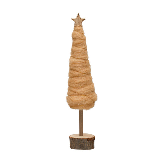 2-3/4" Round x 13"H Wool Tree w/ Star & Wood Slice Base, Camel Color