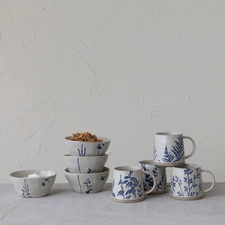 Hand-Stamped Stoneware Bowl w/ Botanicals, 4 Styles