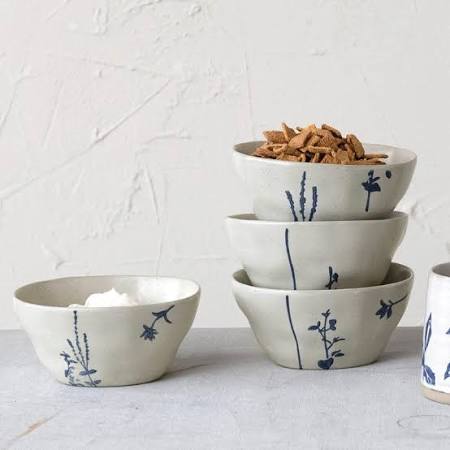 Hand-Stamped Stoneware Bowl w/ Botanicals, 4 Styles