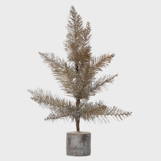 9" Round x 13-3/4"H Tinsel Tree w/ Wood Slice Base, Silver & Gold Finish