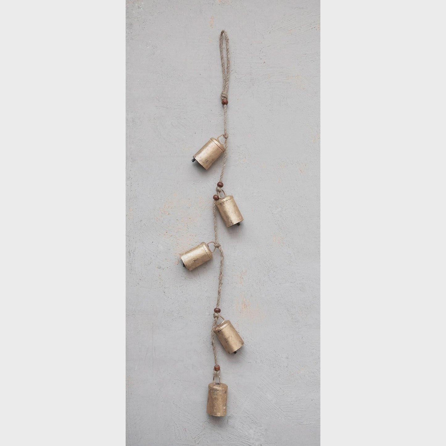 28"H Hanging Metal Bells with Wood Beads and Jute Rope