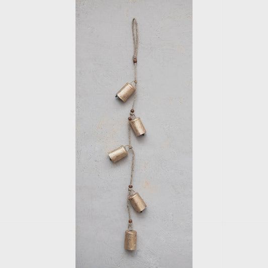 28"H Hanging Metal Bells with Wood Beads and Jute Rope