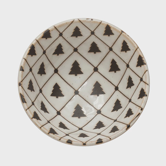 Stoneware Dish with Tree Pattern, Reactive Glaze