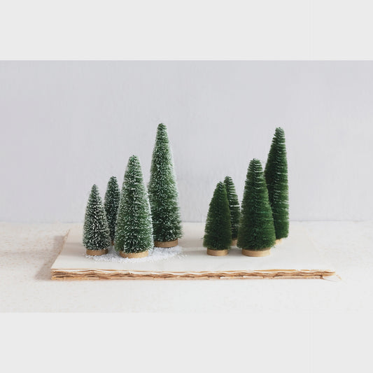3-3/4"H - 6-3/4"H Bottle Brush Trees with Wood Bases, Green, Set of 4