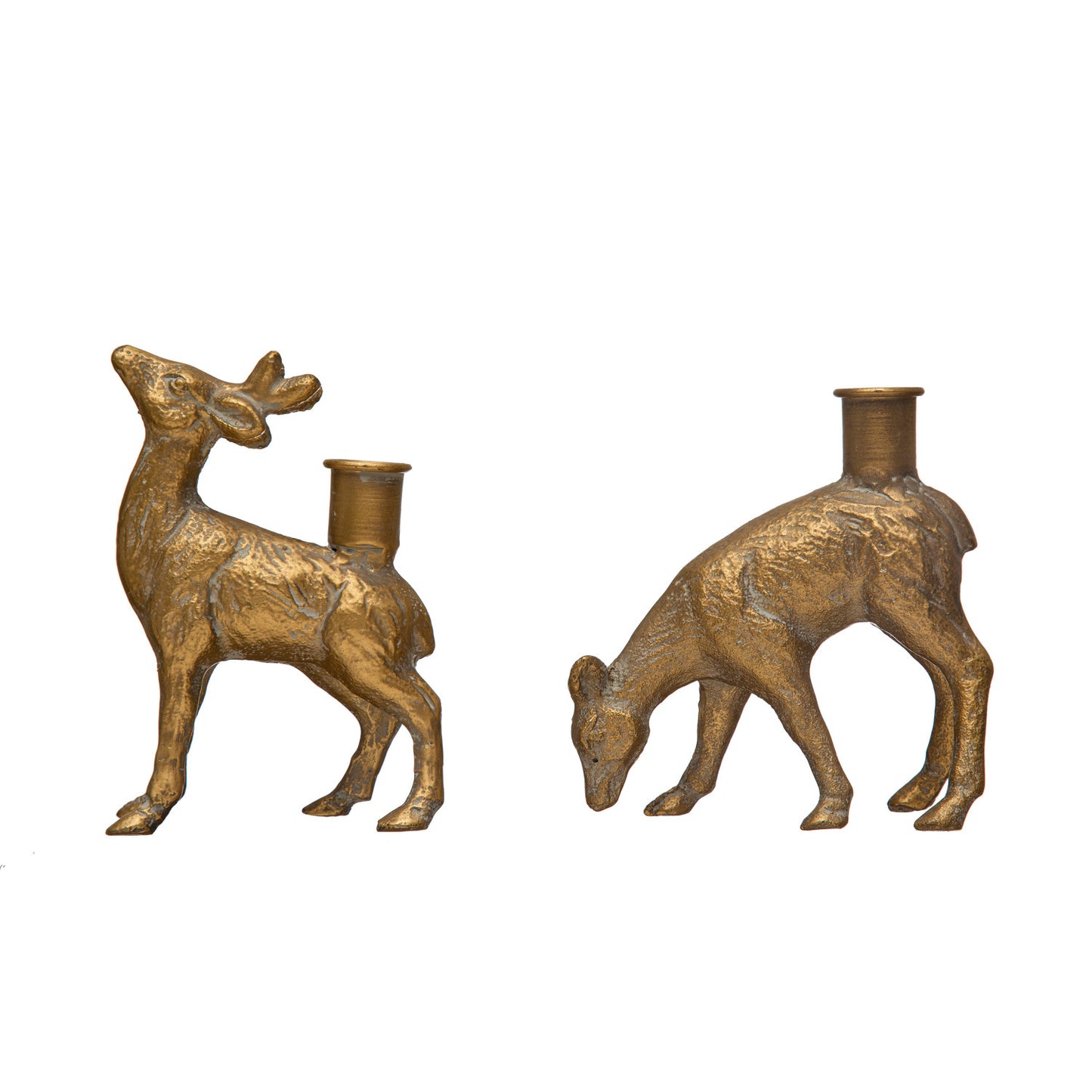 5-3/4"H Cast Iron Deer Taper Holder, Whitewashed Gold Finish, 2 Styles