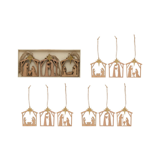 8-3/4"H MDF Laser Cut Nativity Ornaments w/ Gold Glitter Star