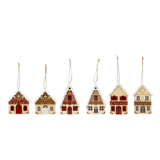 Wood Laser Cut House Ornament w/ Snow & LED Light, 6 styles