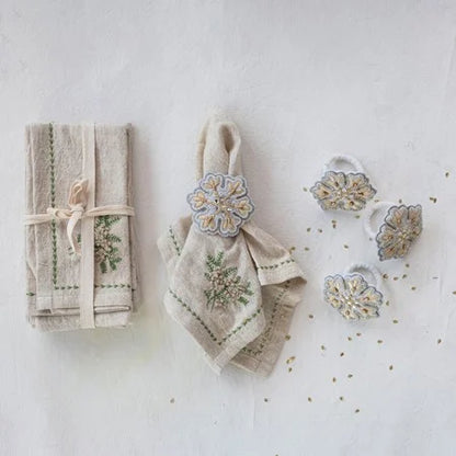 18" Square Cotton & Linen Napkin w/ Botanical, Embroidery & French Knots