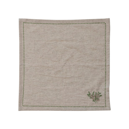 18" Square Cotton & Linen Napkin w/ Botanical, Embroidery & French Knots