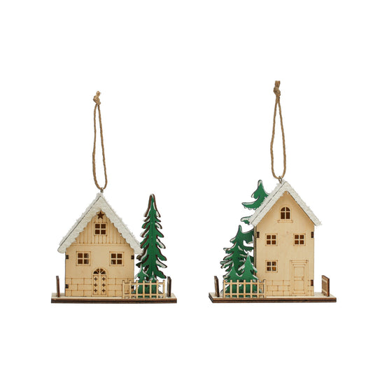 Wood Laser Cut House Ornament w/ Snow & LED Light